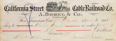«California Street Cable Railroad Co., check 1880s»